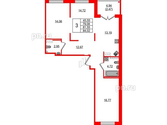 Квартира в ЖК Образцовый квартал, 3 комнатная, 79.08 м², 2 этаж