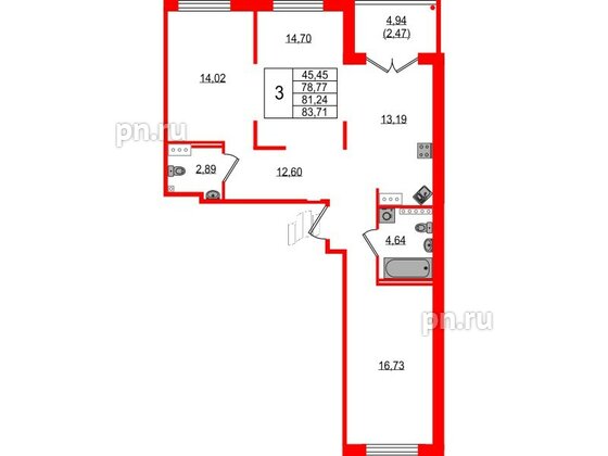 Квартира в ЖК Образцовый квартал, 3 комнатная, 78.77 м², 4 этаж