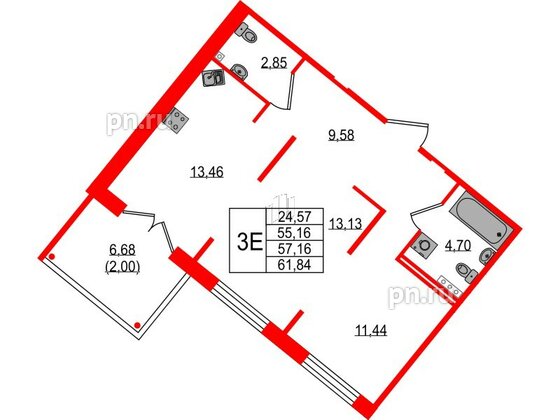 Квартира в ЖК Образцовый квартал, 2 комнатная, 55.16 м², 1 этаж