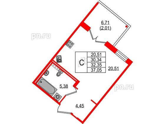 Квартира в ЖК Образцовый квартал, студия, 30.34 м², 2 этаж