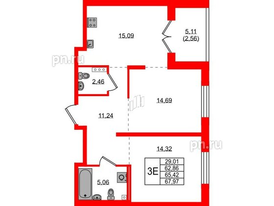 Квартира в ЖК Образцовый квартал, 2 комнатная, 62.86 м², 1 этаж