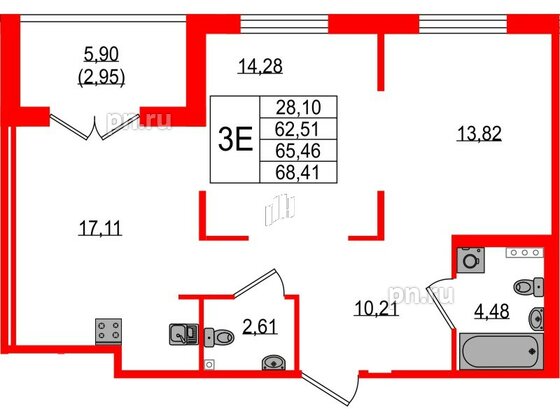 Квартира в ЖК Образцовый квартал, 2 комнатная, 62.51 м², 1 этаж