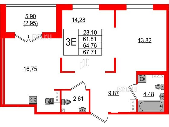 Квартира в ЖК Образцовый квартал, 2 комнатная, 61.81 м², 2 этаж