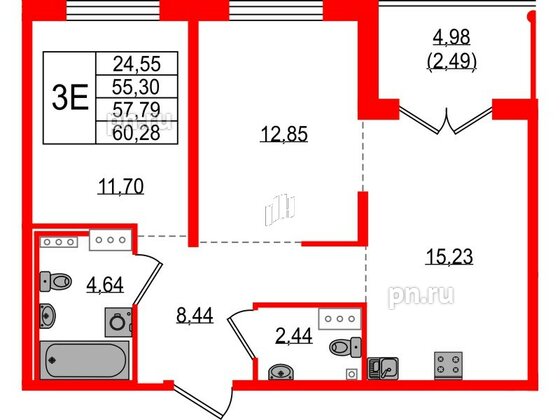 Квартира в ЖК Образцовый квартал, 2 комнатная, 55.3 м², 2 этаж