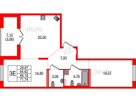 Квартира в ЖК Образцовый квартал, 2 комнатная, 64.62 м², 1 этаж