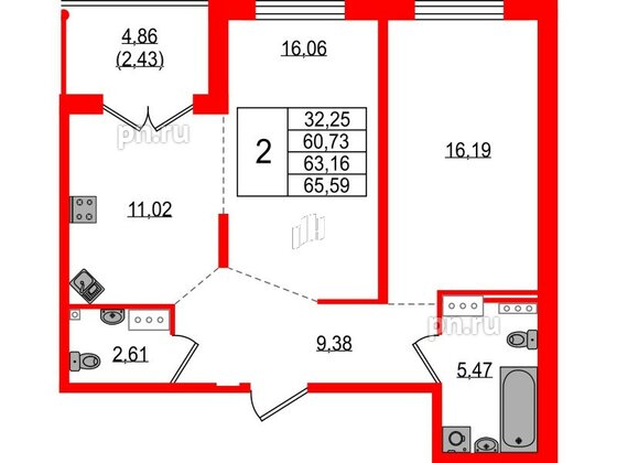 Квартира в ЖК Образцовый квартал, 2 комнатная, 60.73 м², 4 этаж