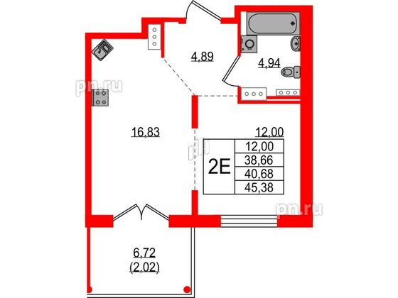 Квартира в ЖК Образцовый квартал, 1 комнатная, 38.66 м², 2 этаж