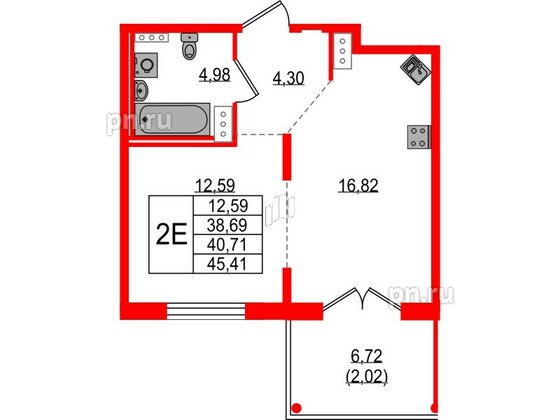 Квартира в ЖК Образцовый квартал, 1 комнатная, 38.69 м², 2 этаж