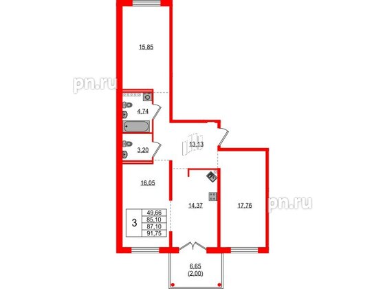 Квартира в ЖК Образцовый квартал, 3 комнатная, 85.1 м², 1 этаж