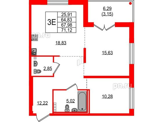 Квартира в ЖК Образцовый квартал, 2 комнатная, 64.83 м², 1 этаж