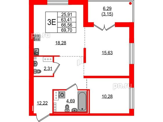 Квартира в ЖК Образцовый квартал, 2 комнатная, 63.41 м², 2 этаж