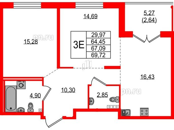 Квартира в ЖК Образцовый квартал, 2 комнатная, 64.45 м², 1 этаж