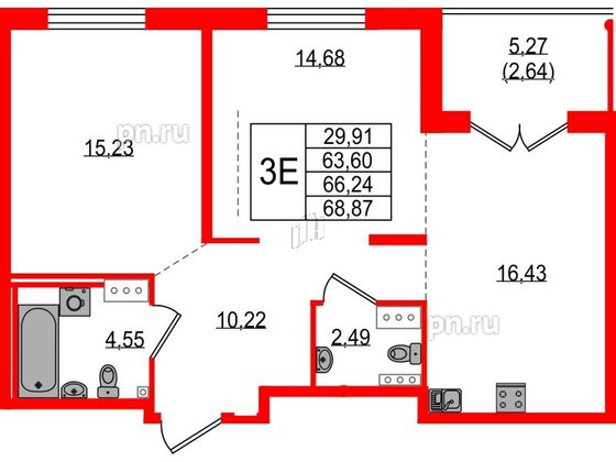 Квартира в ЖК Образцовый квартал, 2 комнатная, 63.6 м², 4 этаж