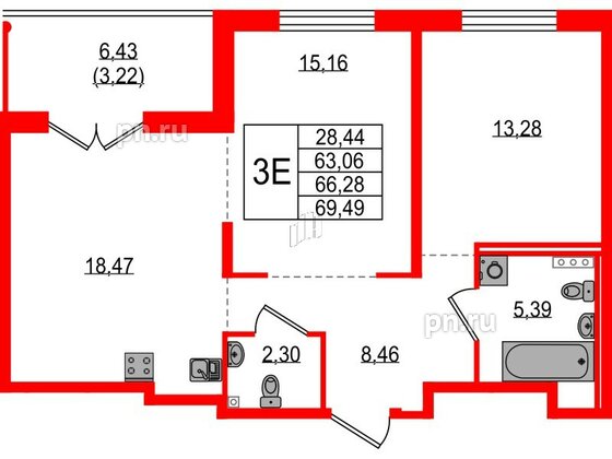 Квартира в ЖК Образцовый квартал, 2 комнатная, 63.06 м², 1 этаж