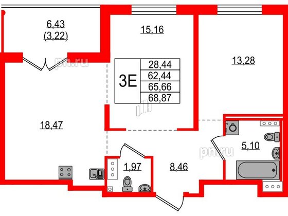 Квартира в ЖК Образцовый квартал, 2 комнатная, 62.44 м², 3 этаж