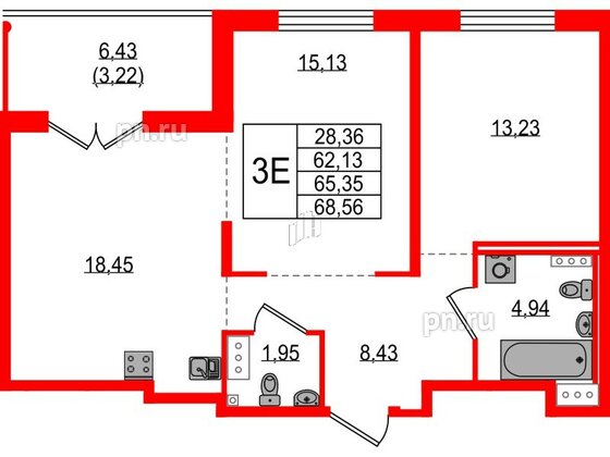 Квартира в ЖК Образцовый квартал, 2 комнатная, 62.13 м², 4 этаж