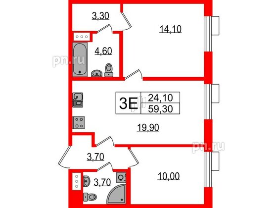 Квартира в ЖК Парусная 1, 2 комнатная, 59.3 м², 5 этаж