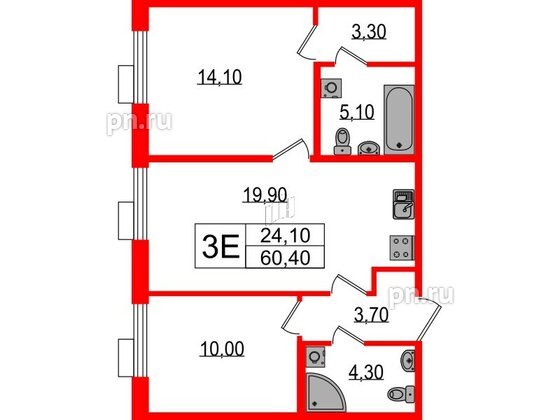 Квартира в ЖК Парусная 1, 2 комнатная, 60.4 м², 2 этаж