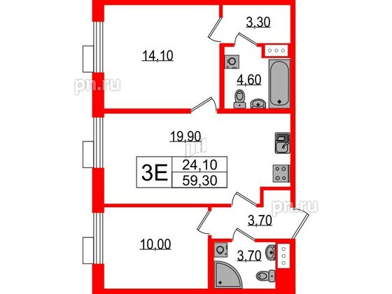 Квартира в ЖК Парусная 1, 2 комнатная, 59.3 м², 3 этаж