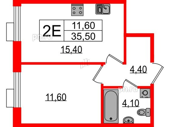 Квартира в ЖК Парусная 1, 1 комнатная, 35.5 м², 2 этаж