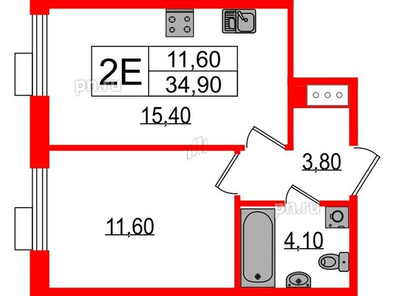 Квартира в ЖК Парусная 1, 1 комнатная, 34.9 м², 3 этаж