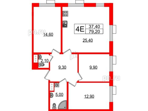 Квартира в ЖК Парусная 1, 3 комнатная, 79.2 м², 4 этаж