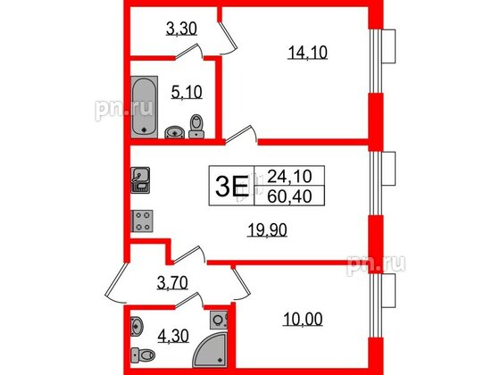 Квартира в ЖК Парусная 1, 2 комнатная, 60.4 м², 2 этаж