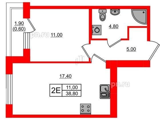 Квартира в ЖК Парусная 1, 1 комнатная, 38.8 м², 2 этаж