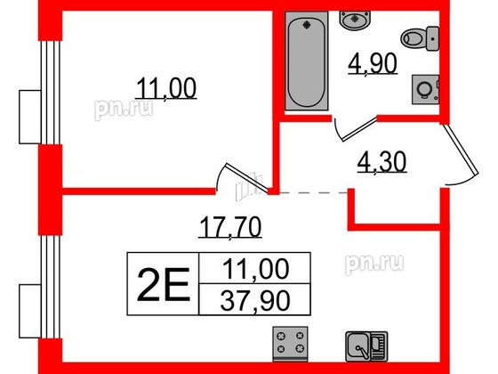 Квартира в ЖК Парусная 1, 1 комнатная, 37.9 м², 2 этаж