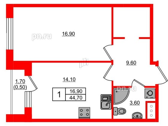 Квартира в ЖК Парусная 1, 1 комнатная, 44.7 м², 2 этаж