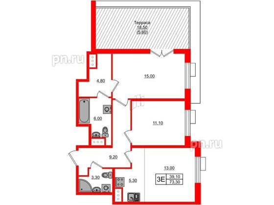 Квартира в ЖК Парусная 1, 2 комнатная, 73.3 м², 4 этаж