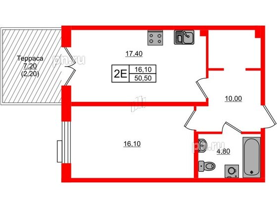 Квартира в ЖК Парусная 1, 1 комнатная, 50.5 м², 1 этаж