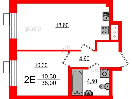 Квартира в ЖК Парусная 1, 1 комнатная, 38 м², 2 этаж