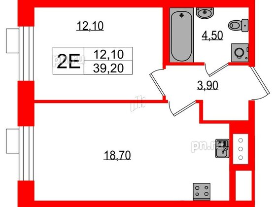 Квартира в ЖК Парусная 1, 1 комнатная, 39.2 м², 2 этаж