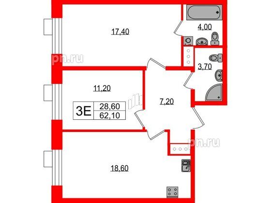 Квартира в ЖК Парусная 1, 2 комнатная, 62.1 м², 2 этаж