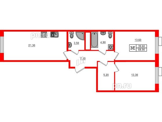 Квартира в ЖК Парусная 1, 2 комнатная, 68.9 м², 2 этаж