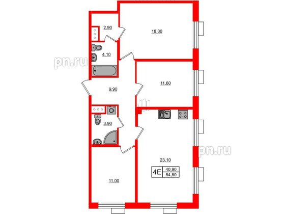 Квартира в ЖК Парусная 1, 3 комнатная, 84.8 м², 2 этаж