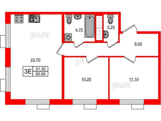 Квартира в ЖК Парусная 1, 2 комнатная, 60.9 м², 2 этаж