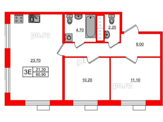 Квартира в ЖК Парусная 1, 2 комнатная, 60.9 м², 3 этаж