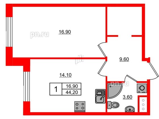 Квартира в ЖК Парусная 1, 1 комнатная, 44.2 м², 3 этаж