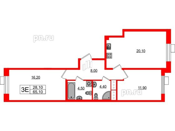 Квартира в ЖК Парусная 1, 2 комнатная, 65.1 м², 4 этаж