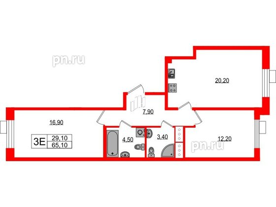 Квартира в ЖК Парусная 1, 2 комнатная, 65.1 м², 6 этаж