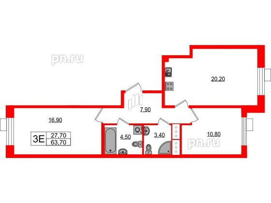 Квартира в ЖК Парусная 1, 2 комнатная, 63.7 м², 7 этаж