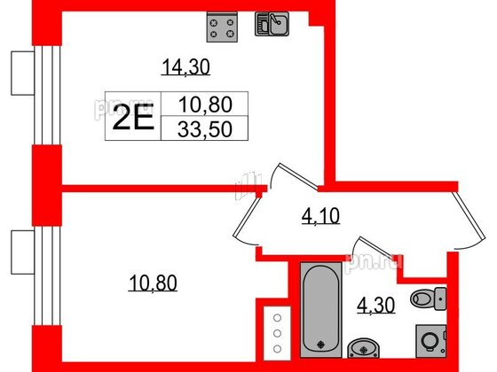 Квартира в ЖК Парусная 1, 1 комнатная, 33.5 м², 7 этаж