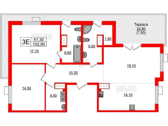 Квартира в ЖК Парусная 1, 3 комнатная, 102.9 м², 8 этаж