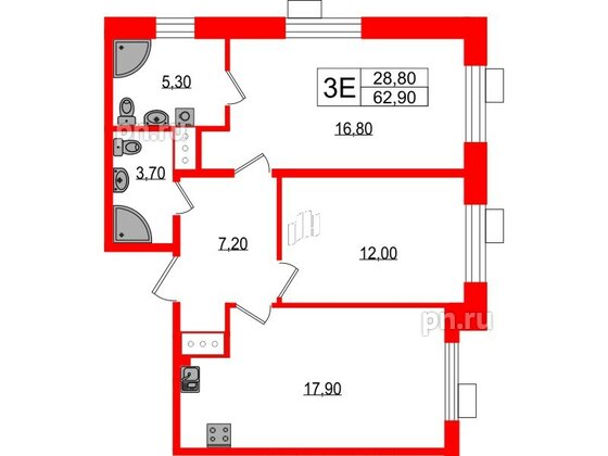 Квартира в ЖК Парусная 1, 2 комнатная, 62.9 м², 7 этаж