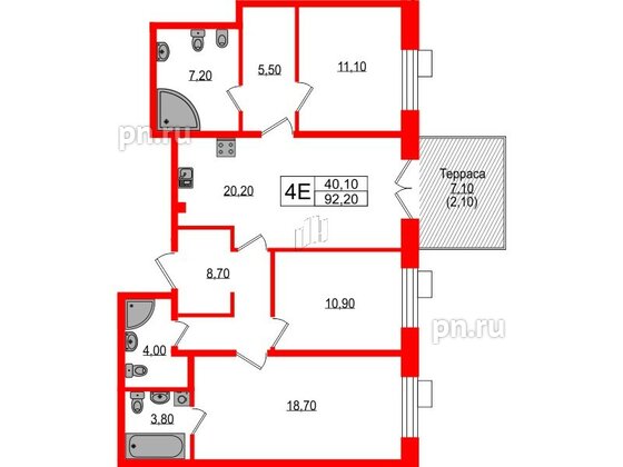Квартира в ЖК Парусная 1, 3 комнатная, 92.2 м², 1 этаж