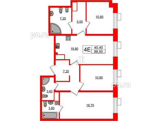Квартира в ЖК Парусная 1, 3 комнатная, 88.5 м², 2 этаж