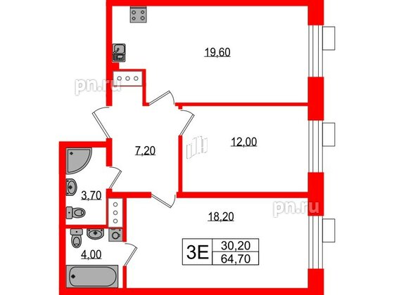 Квартира в ЖК Парусная 1, 2 комнатная, 64.7 м², 4 этаж