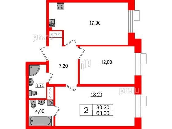 Квартира в ЖК Парусная 1, 2 комнатная, 63 м², 7 этаж